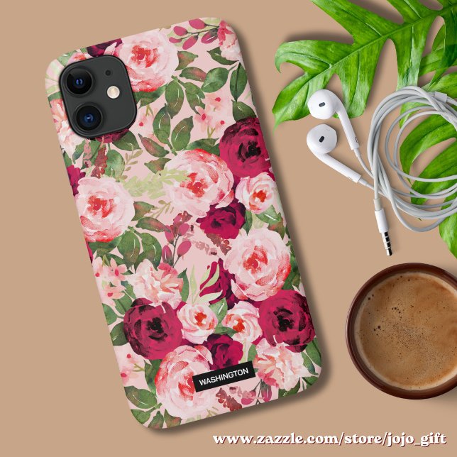 Coques Case-Mate iPhone Monogramme belle et classe florale Rose (Beautiful modern floral phone case, red and pink roses for her.)