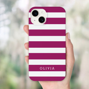 Coque Pour iPhone 16 Monogramme Berry Purple et White Classic Stripes