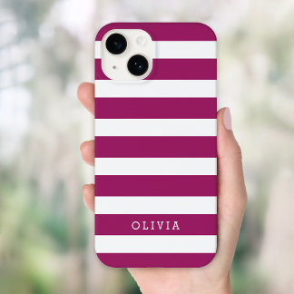 Coque Pour iPhone 16 Monogramme Berry Purple et White Classic Stripes