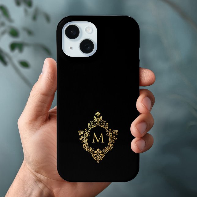 Coques Case-Mate iPhone Monogramme Black Faux Gold Crest Élégante Initiale (Créateur téléchargé)