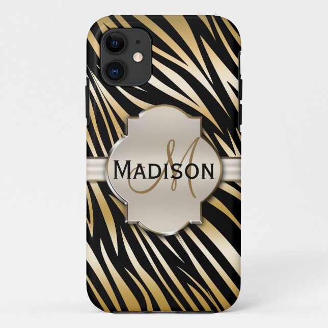 Coques Case-Mate iPhone Monogramme Black Gold Zebra Motif d'impression (Dos)