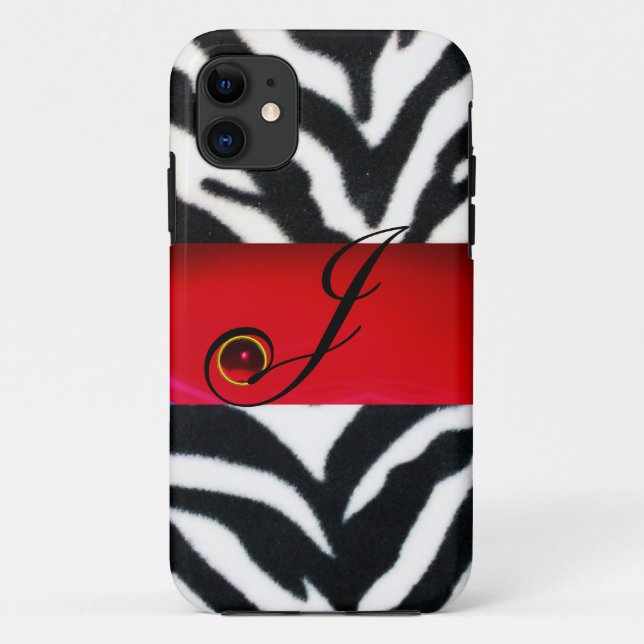 COQUES Case-Mate iPhone MONOGRAMME BLACK WHITE ZEBRA FUR RED GEM, (Dos)