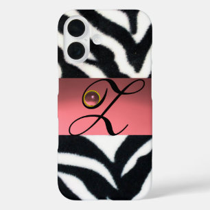 COQUE POUR iPhone 16 MONOGRAMME BLACK ZEBRA FUR ROSE GEM,
