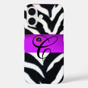 COQUES iPhone 16  MONOGRAMME BLACK ZEBRA FUR VIOLET PURPLE GEM,