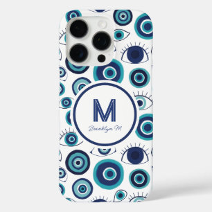 Coque iPhone 16 Pro Monogramme blanc bleu oculaire grec moderne