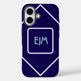 Coque Pour iPhone 16 Monogramme blanc et bleu géométrique chic