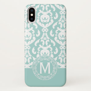 Coque iPhone X Monogramme bleu blanc Damas