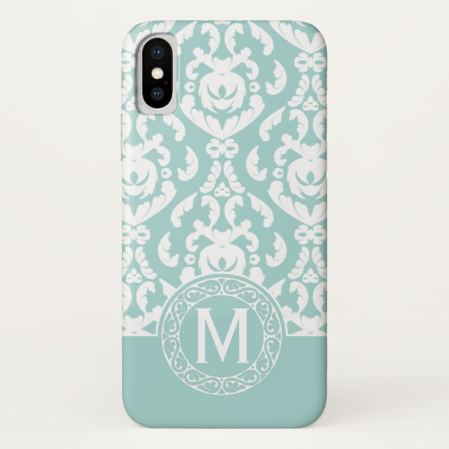Coques Case-Mate iPhone Monogramme bleu blanc Damas (Dos)