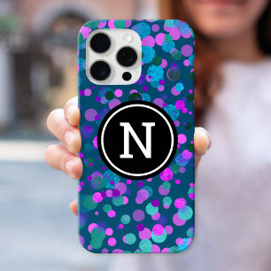 Coque iPhone 16 Pro Max Monogramme bleu brillant confetti pourpre points s