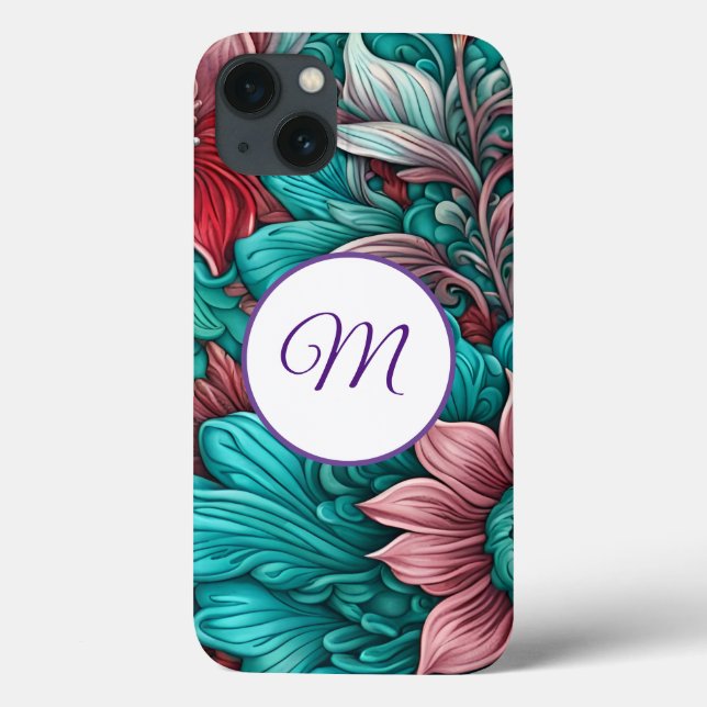 Coques Case-Mate iPhone Monogramme, Bleu cyan, Rouge, Fleurs lunaires (Verso)