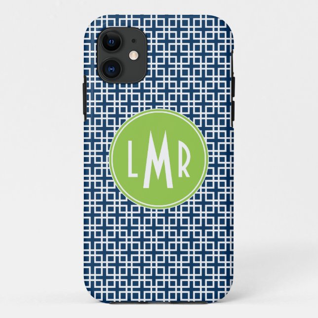 Coques Case-Mate iPhone Monogramme bleu et vert de motif de trellis carré (Dos)
