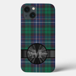 Etui iPhone 13 monogramme bleu et vert tartan plaid