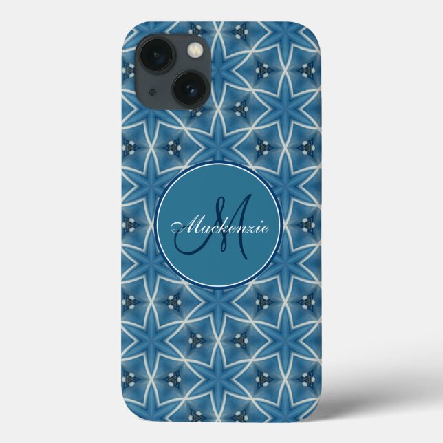Coques Case-Mate iPhone Monogramme Bleu étoiles Motif de répétition géomét (Verso)