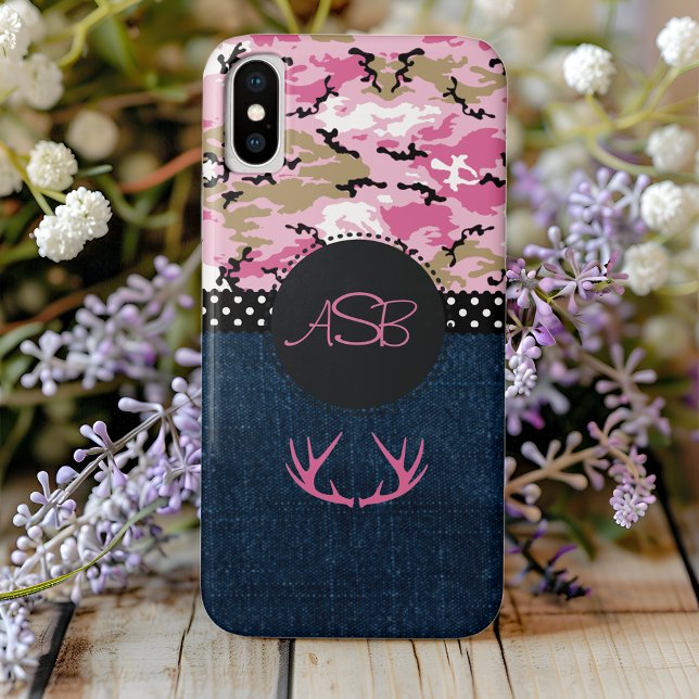 Coques Case-Mate iPhone Monogramme bleu foncé Jeans rose Antler mignon Cam (Créateur téléchargé)