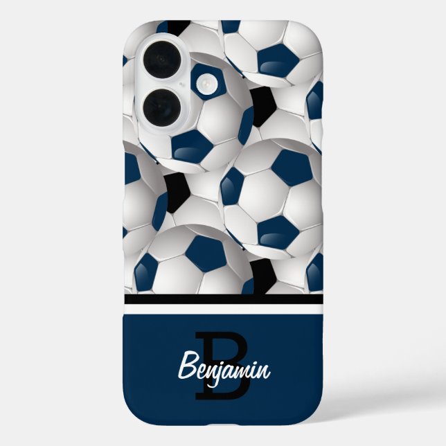 Coques Case-Mate iPhone Monogramme bleu foncé noir Motif de balle de footb (Verso)