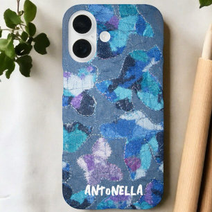 Coque Pour iPhone 16 Monogramme bleu marine cyan violet motif abstrait