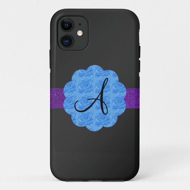 Coques Case-Mate iPhone Monogramme bleu noir de roses (Dos)