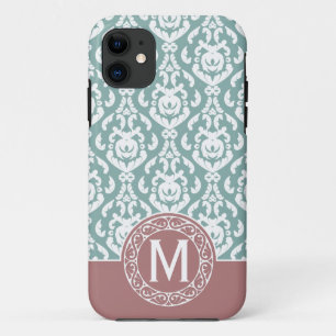 Coque iPhone 11 Monogramme bleu rose de damassé