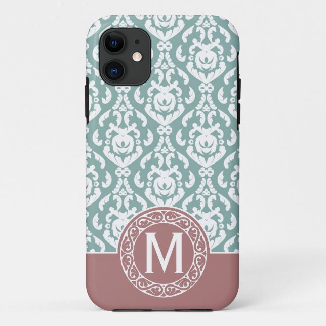 Coques Case-Mate iPhone Monogramme bleu rose de damassé (Dos)