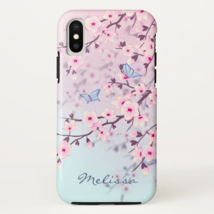 Coque iPhone X Monogramme bleu rose Fleur de cerisier