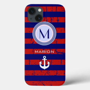 Etui iPhone Case-Mate monogramme bleu&rouge rayures et ancre