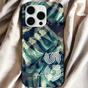 Coque iPhone 16 Pro Monogramme bleu turquoise crème rayure nautique ab