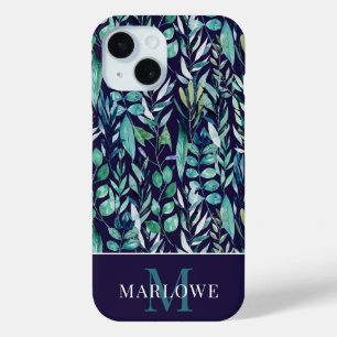 Coque Case-Mate iPhone Monogramme Bleu Vert Aquarelle Motif botanique