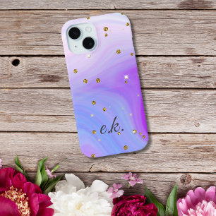 Coque Case-Mate iPhone Monogramme bleu violet rose tourbillon paillettes 