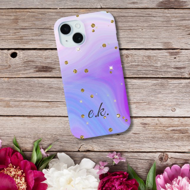 Coques Case-Mate iPhone Monogramme bleu violet rose tourbillon paillettes  (Monogram Initials Name Pink Blue Purple Swirl Gold Glitter iPhone case)