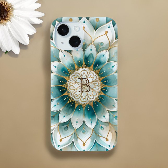 Coques Case-Mate iPhone Monogramme Blue Turquoise or Floral Mandala (Créateur téléchargé)