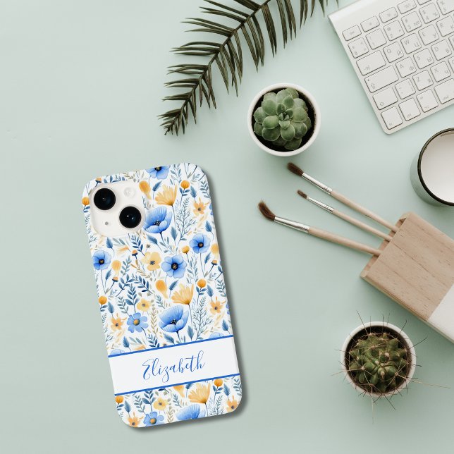 Coques Case-Mate iPhone Monogramme Boho Fleurs sauvages Bleu Jaune Floral (Monogrammed Boho Blue Yellow Wildflowers iPhone case)