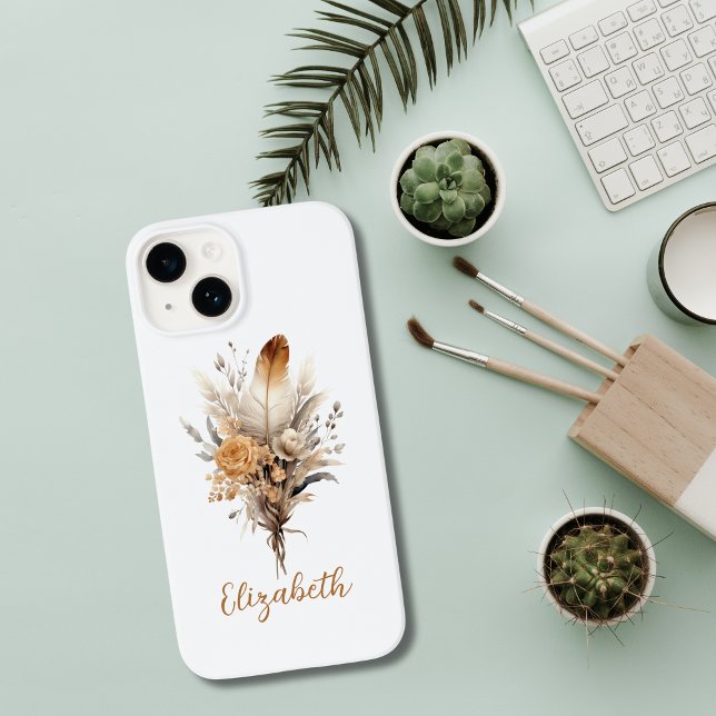 Coques Case-Mate iPhone Monogramme Boho Floral Marron Beige Blanc Gris (Browns Grey White Boho Botanical Floral Monogrammed iPhone case)