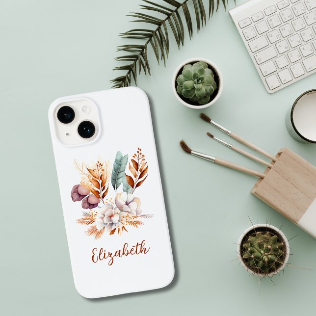 Coques Case-Mate iPhone Monogramme Boho Floral Terracotta Bleu pourpre (Terracotta Purple Blue Boho Floral Botanical Monogrammed iPhone Case)