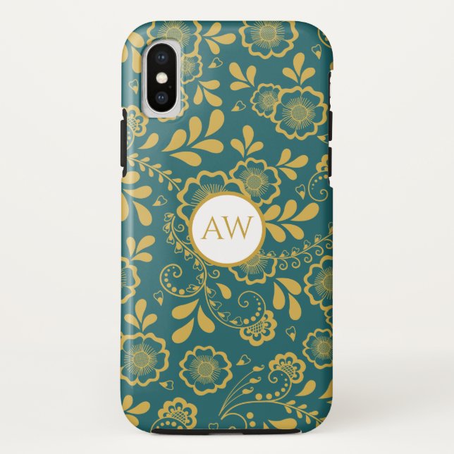 Coques Case-Mate iPhone Monogramme Broderie Victorienne Or et Émeraude (Dos)