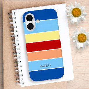 Coque Pour iPhone 16 Monogramme Brown bleu et rayures jaunes Coque-mat