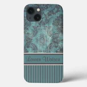 iPhone 13 Coque Monogramme brun turquoise de damassé vintage