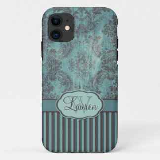 Coques Pour iPhone Monogramme brun turquoise de damassé vintage