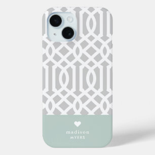 Coque Case-Mate iPhone Monogramme cardiaque de Trellis à la menthe et gri