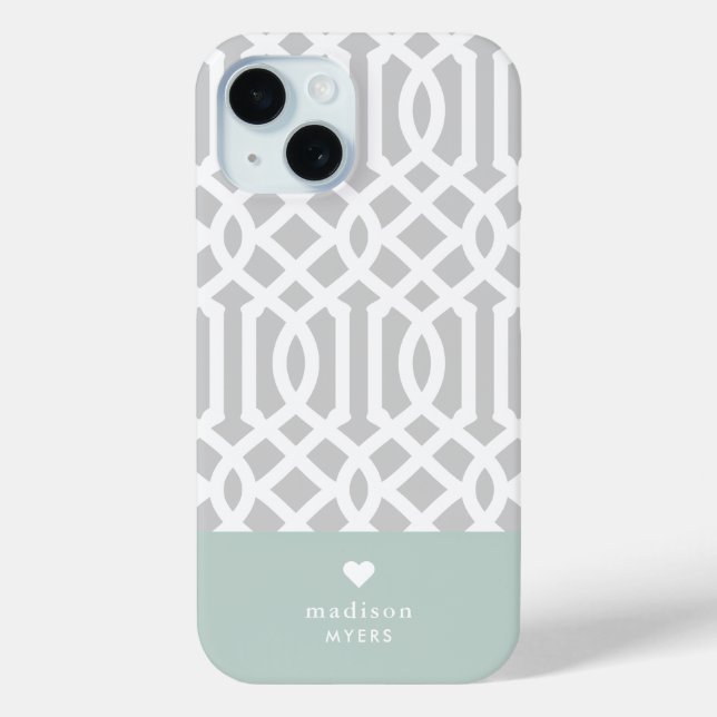 Coques Case-Mate iPhone Monogramme cardiaque de Trellis à la menthe et gri (Verso)