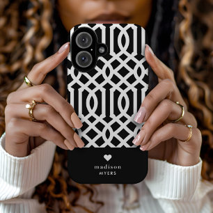 Coque Pour iPhone 16 Monogramme cardiaque de Trellis noir et blanc