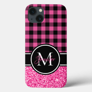 Case-Mate iPhone Case Monogramme carreau buffalo pailleté noir et rose