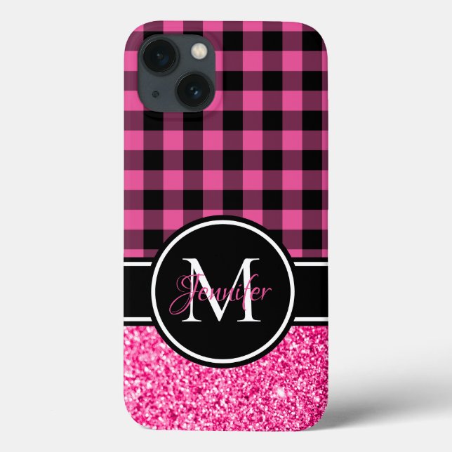 Coques Case-Mate iPhone Monogramme carreau buffalo pailleté noir et rose (Verso)