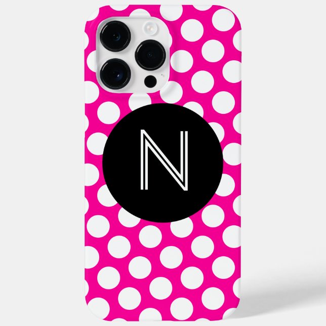 Coques Case-Mate iPhone Monogramme cercle noir à pois blancs et rose (Verso)