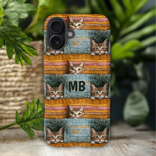 Coque Pour iPhone 16 Plus Monogramme Chats Mignons Tricotés Personnalisés Fé