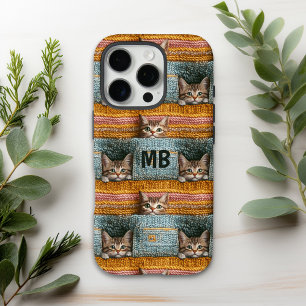 Coque iPhone 16 Pro Monogramme Chats Mignons Tricotés Personnalisés Fé