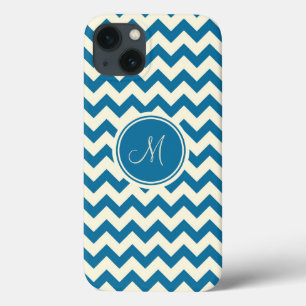 Etui iPhone 13 Monogramme Chevron Bleu Foncé Et Beige Retro