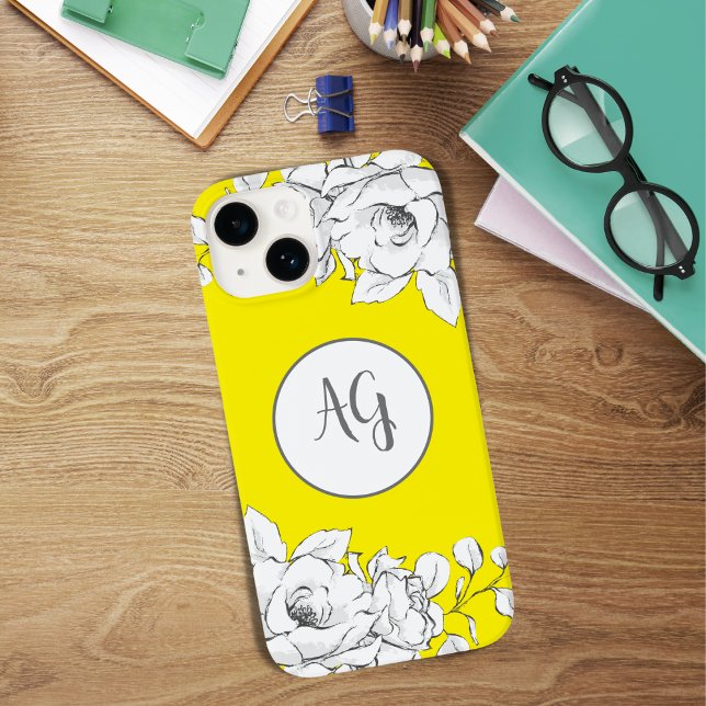 Coques Case-Mate iPhone Monogramme Chic Moderne Jaune Floral Blanc (Créateur téléchargé)