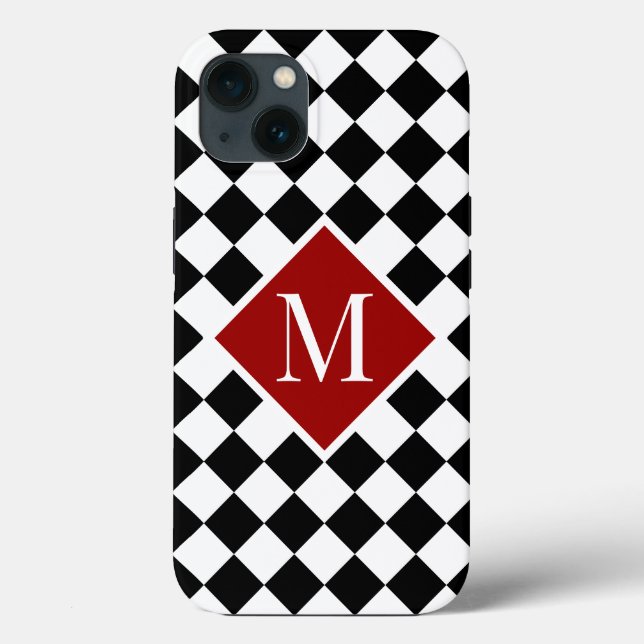 Coques Case-Mate iPhone Monogramme chic sur rouge sur À damiers noir blanc (Verso)