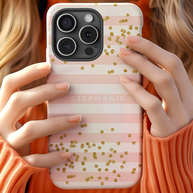 Coques Case-Mate iPhone Monogramme Confetti Paillettes Or Rayures Rose Far (Créateur téléchargé)