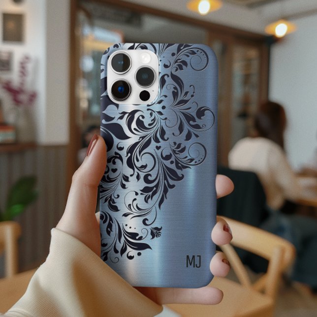 Coques Case-Mate iPhone Monogramme d'accent bleu texture métallique (Créateur téléchargé)